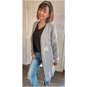 Cozy Grey Star Print Open Front Knit Cardigan